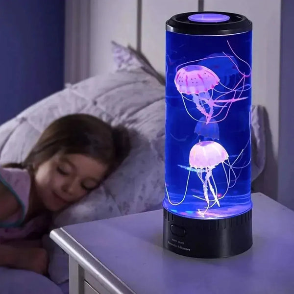 Color changing jellyfish lamp, showing the USB power cord and the battery compartment
