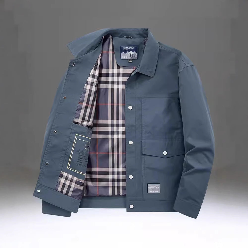Loose leisure workwear turn-down collar coat, black, back view, showing the design and fit