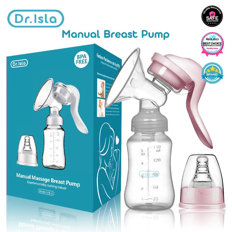 Close-up of the manual suction handle on the breast pump, clear plastic, showing the easy-to-use design