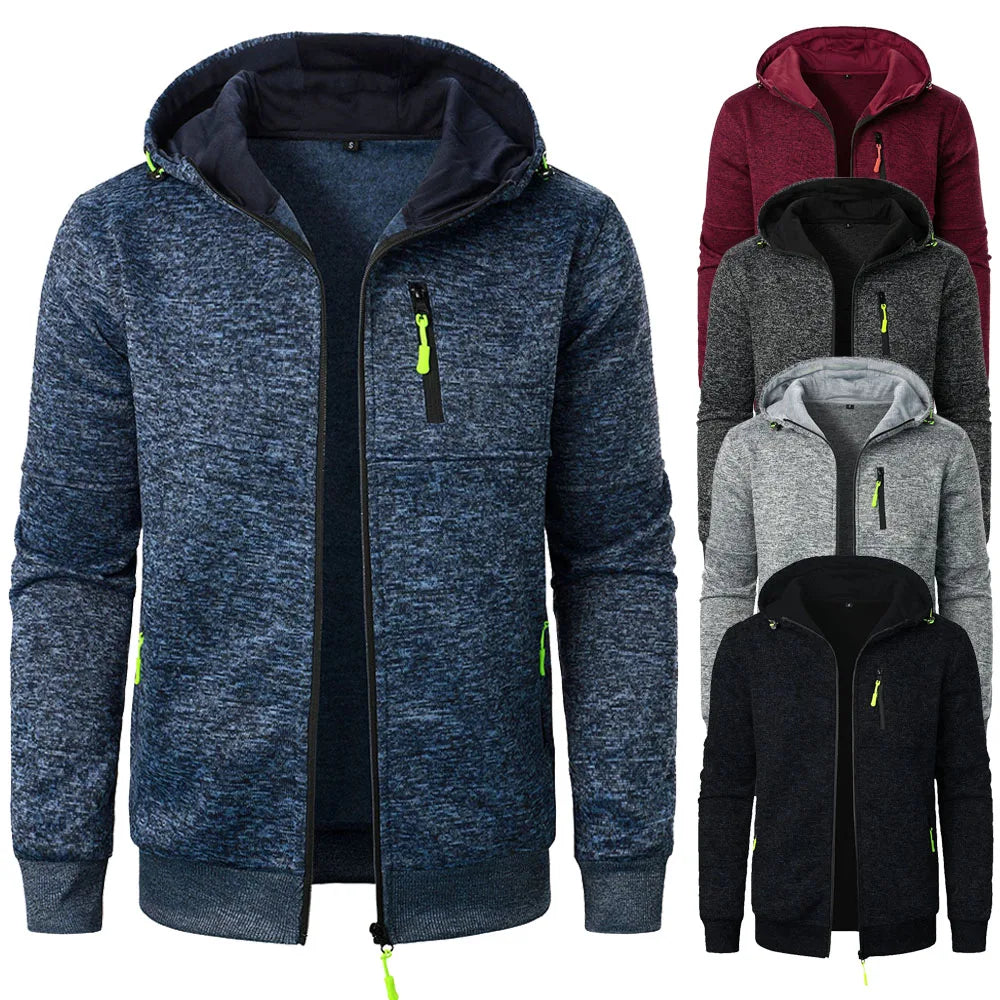 Man wearing the men's sports fitness casual sweatshirt cardigan hooded jacket, black, outdoors, showing the fit and style
