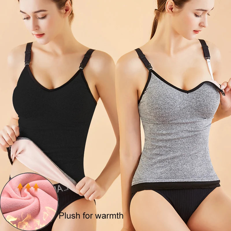Woman wearing the nursing underwear padded stretch tank top, light pink, showing the comfortable fit under clothing
