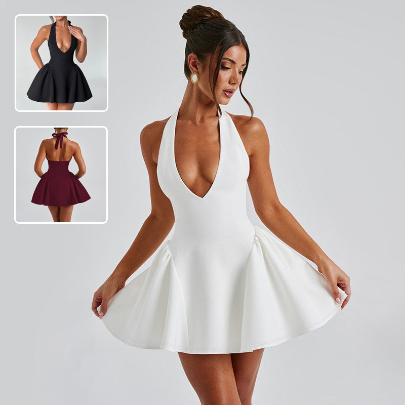 Sexy deep V-neck halter dress, black, front view, showcasing the deep neckline and slim fit