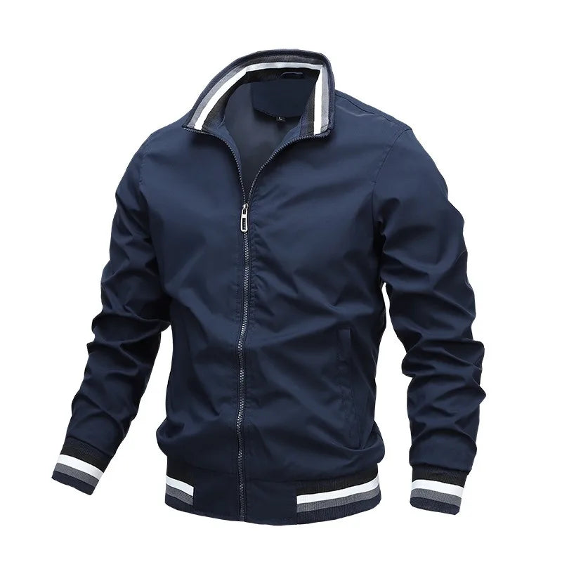 Men's stand collar casual zipper jacket, navy blue, back view, showing the design and material
